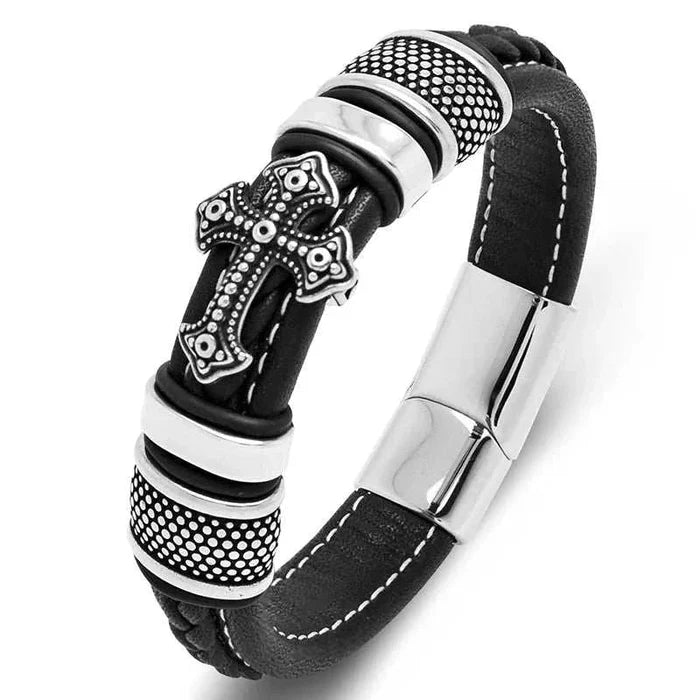 Cross punk leather bracelet - AntoniosClothing - Black