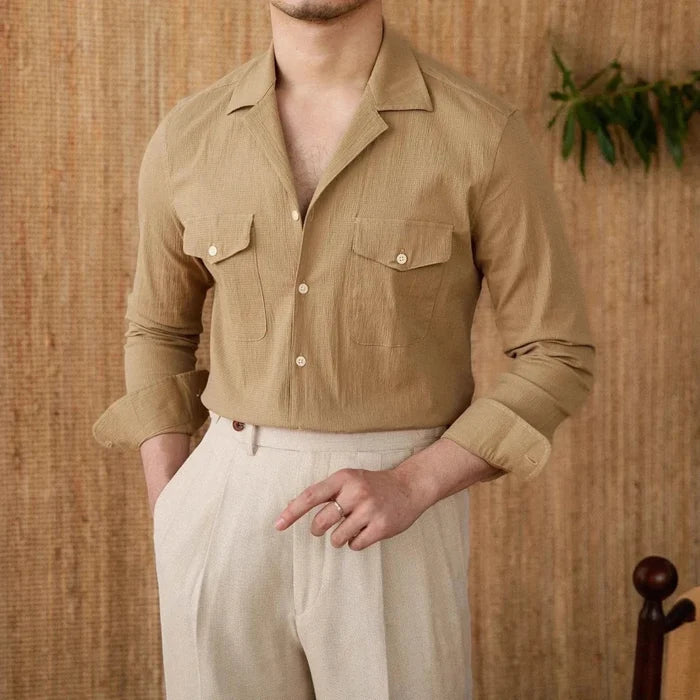 Cuban collar relaxed fit elegant shirt - AntoniosClothing - Khaki