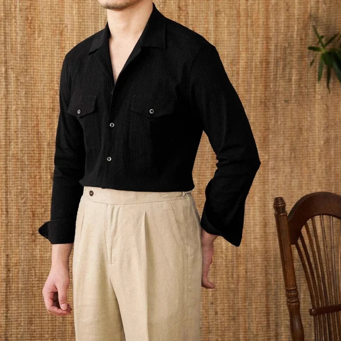 Cuban collar relaxed fit elegant shirt - AntoniosClothing - Black