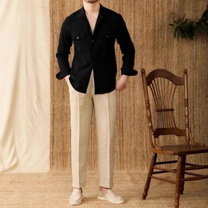 Cuban collar relaxed fit elegant shirt - AntoniosClothing - Black