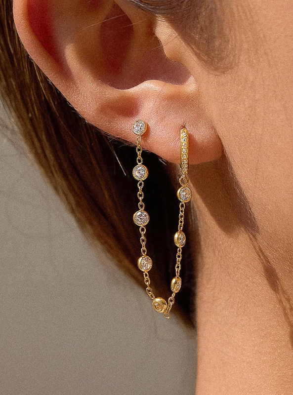 Daffira 18K Gold Non-Tarnish Crystal Chain Link Earrings