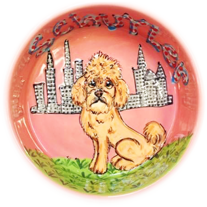 dandie dismount terrier dog bowl pet portrait custom hand painted by Debby Carman with city theme