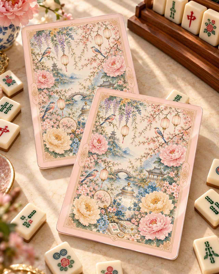 Set of 2 pastel floral mahjong shufflers with ornate pink blossoms and blue background