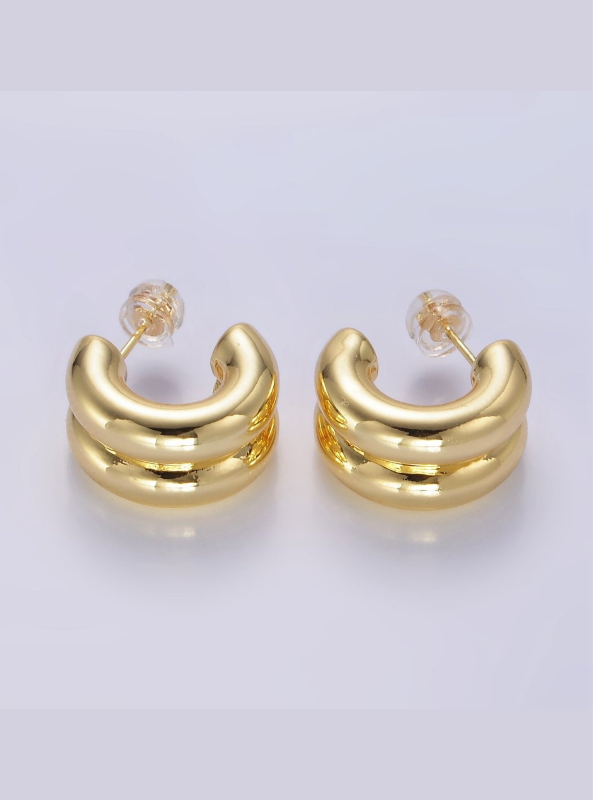 Double Band C-Shaped Hoop Earrings-Gold