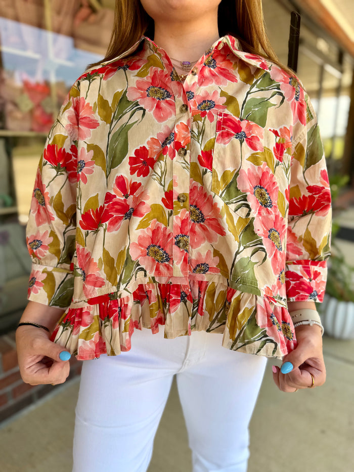 Drew Floral Print Quarter Sleeve Top