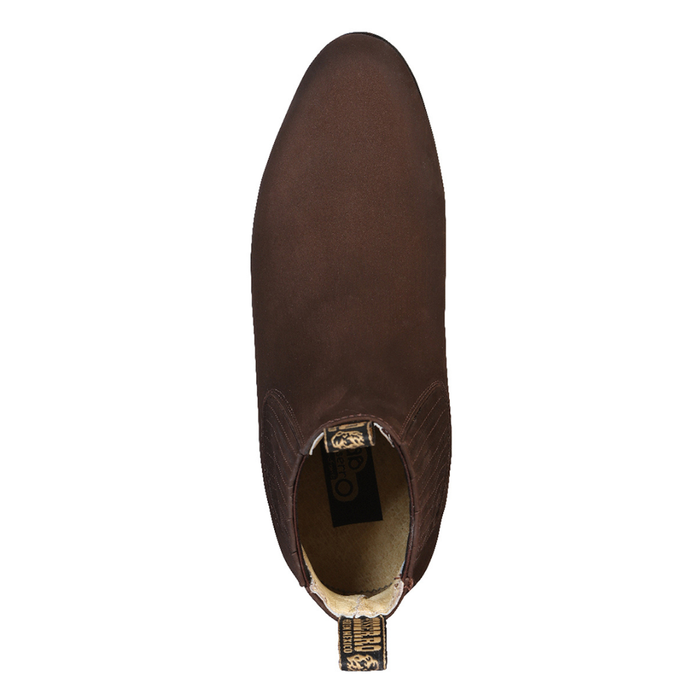 leather short western ankle boot with elastic side panels and low heel.