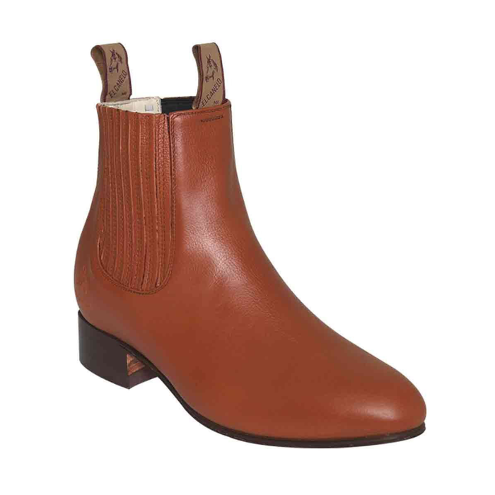 El Canelo brown leather short western ankle boot with elastic side panels and low heel.