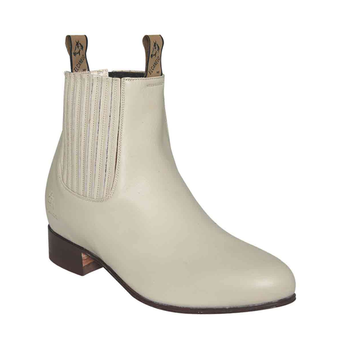 El Canelo beige leather short western ankle boot with elastic side panels and low heel.