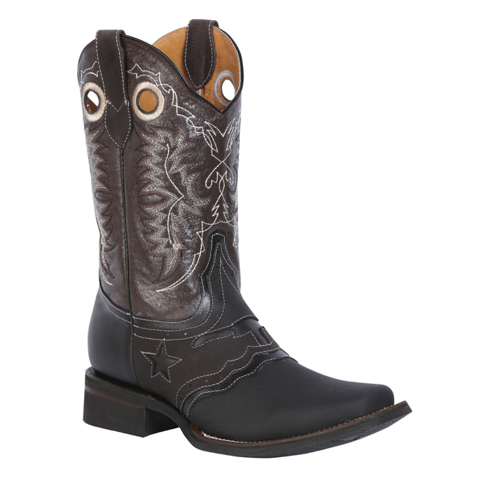 Black and brown leather western cowboy boot with white stitching, star detail, and square toe – genuine leather handmade boot.