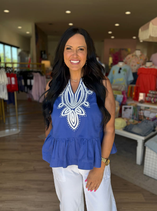 Embroidered Sleeveless Peplum Top- Blue