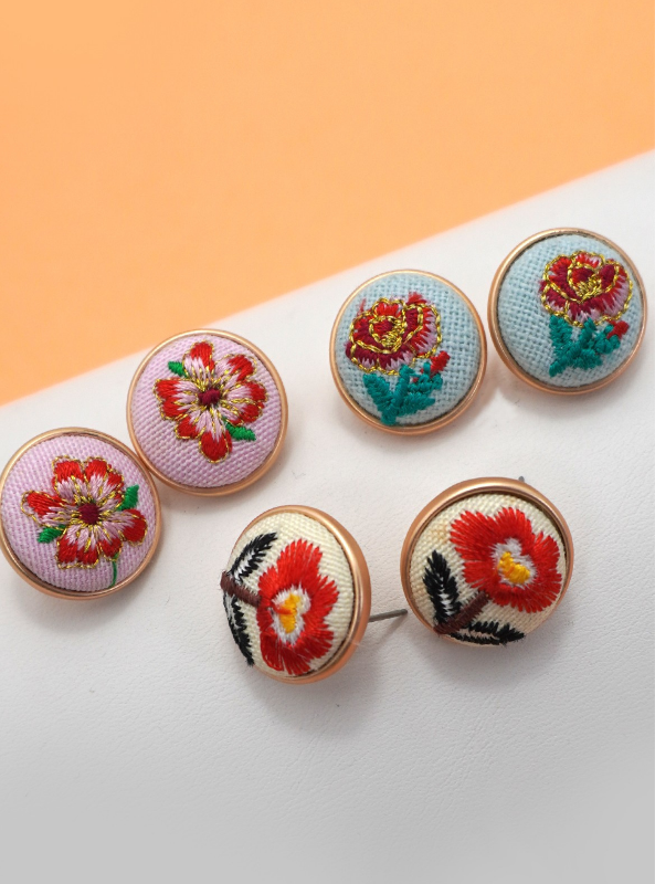 Embroidery Floral Gold Edge Stud Earrings