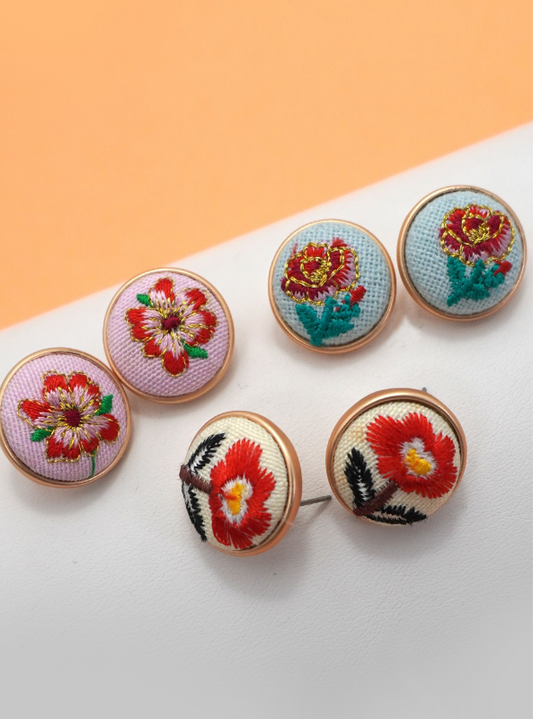 Embroidery Floral Gold Edge Stud Earrings