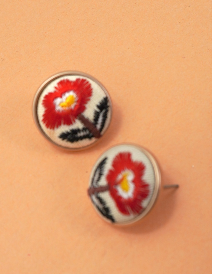 Embroidery Floral Gold Edge Stud Earrings
