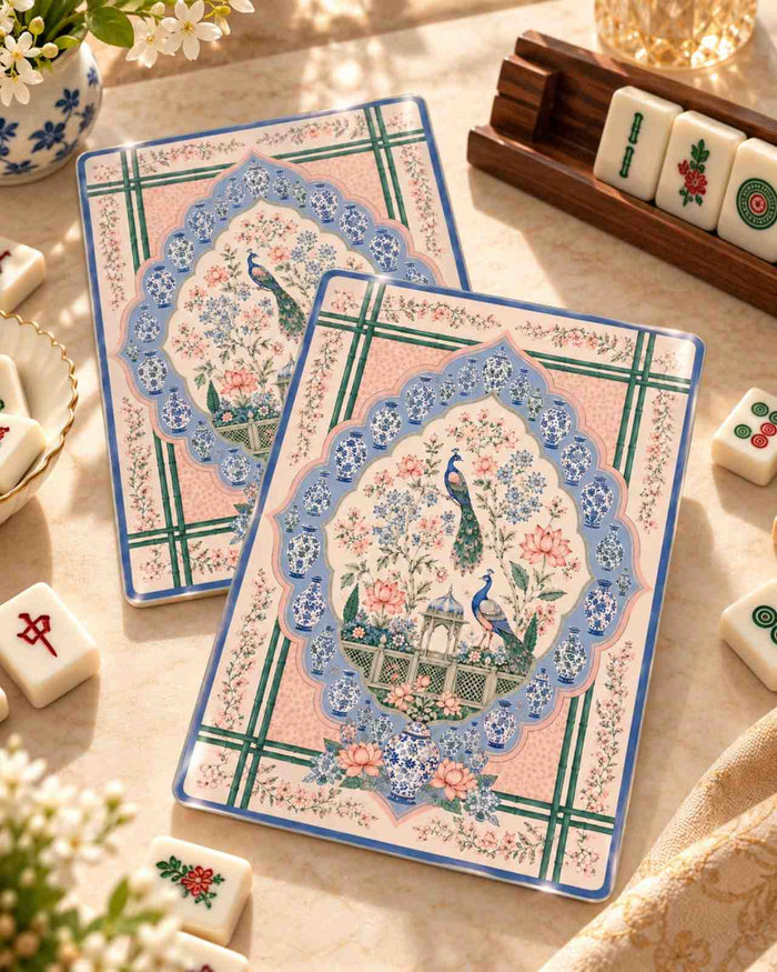 Mahjong shuffler set of 2, blue floral peacock tile designs