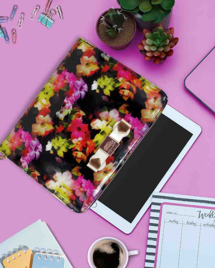 Black multicolour floral iPad tablet carry bag with zipper, flat pouch view