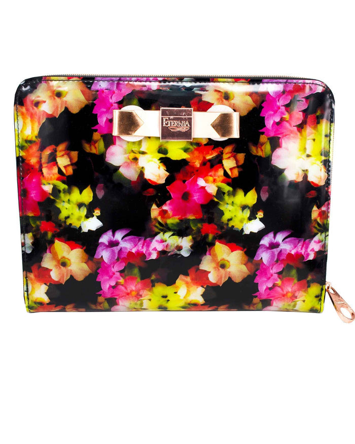 Black multicolour floral tablet sleeve with gold logo patch and zip