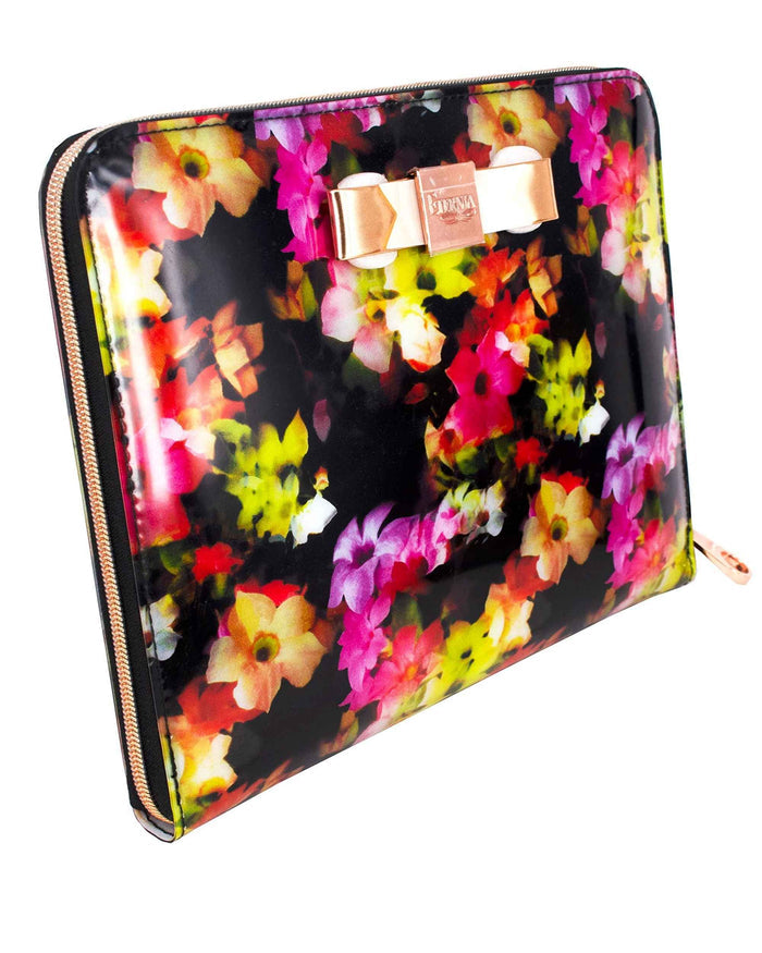 Multicolour floral tablet sleeve with zipper and black trim, angled view