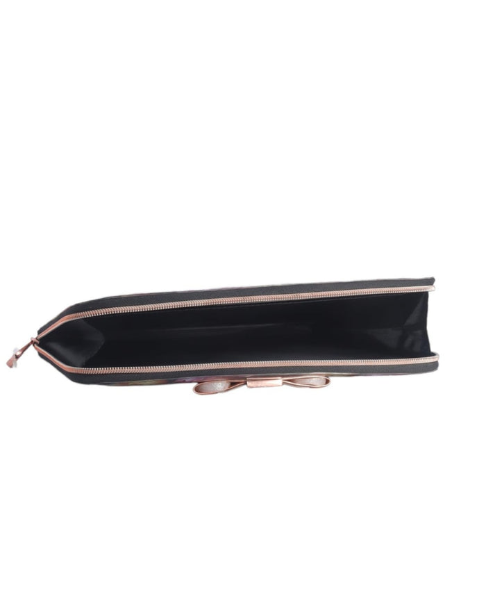 Side view of black interior floral tablet carry bag with zipper pull