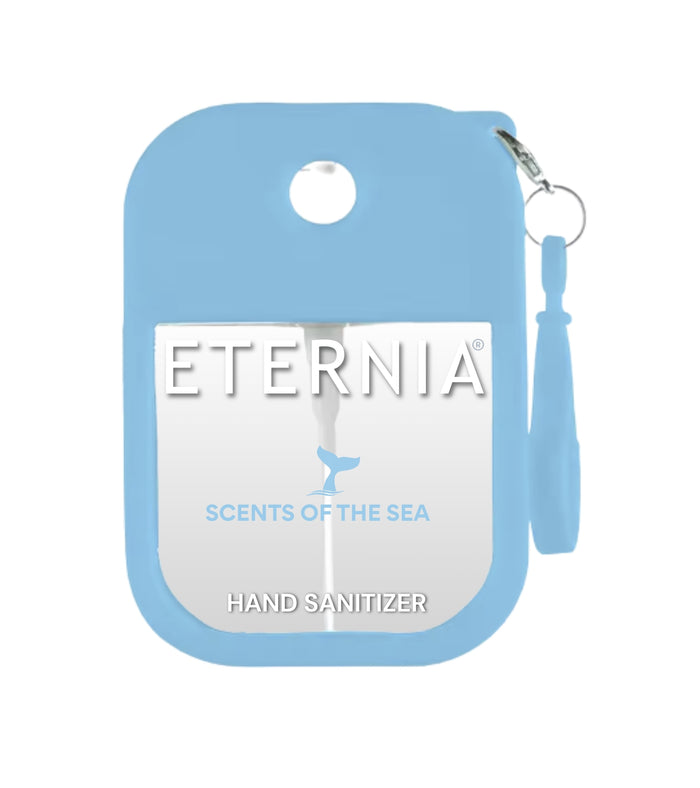 Eternia hand sanitizer spray pouch with keyring, light blue cover and 'Scents of the Sea' label