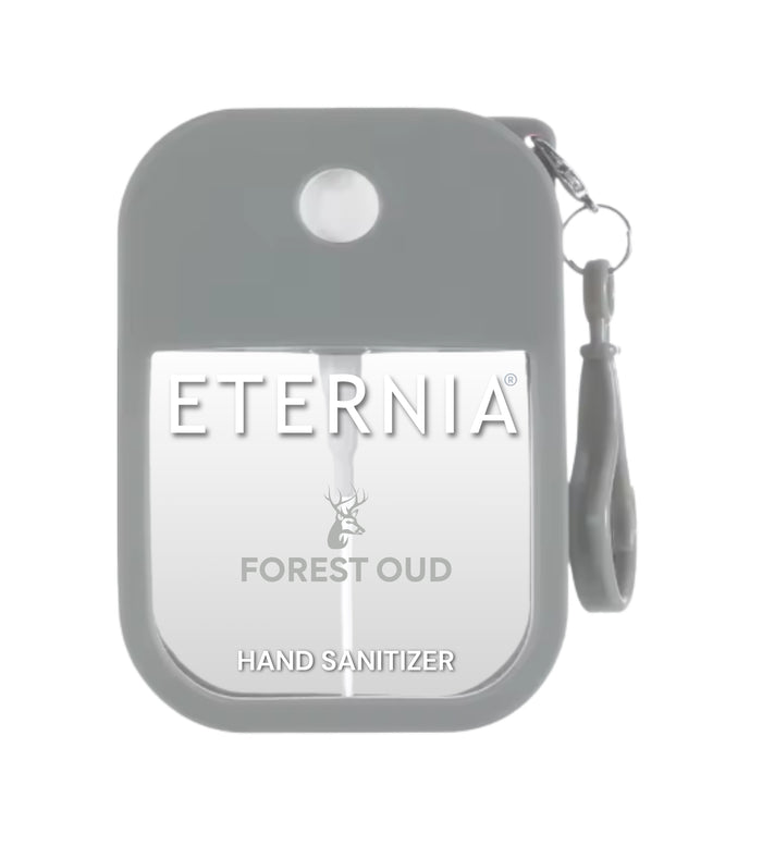 Eternia Forest Oud hand sanitizer spray bottle with keyring, gray case