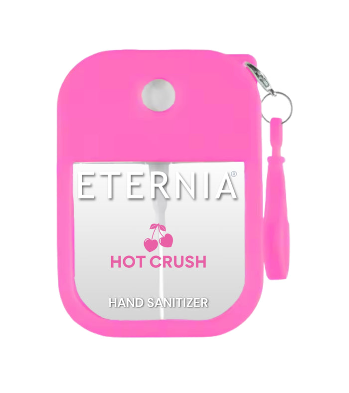 Eternia Hot Crush hand sanitizer spray in pink keyring pouch