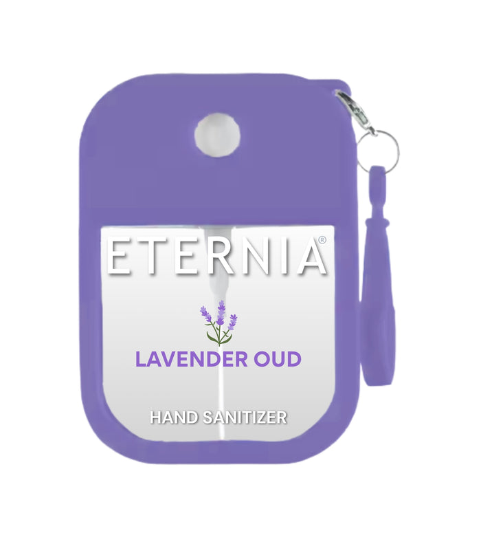 Lavender Oud hand sanitizer pod with keyring, purple, with ETERNIA logo