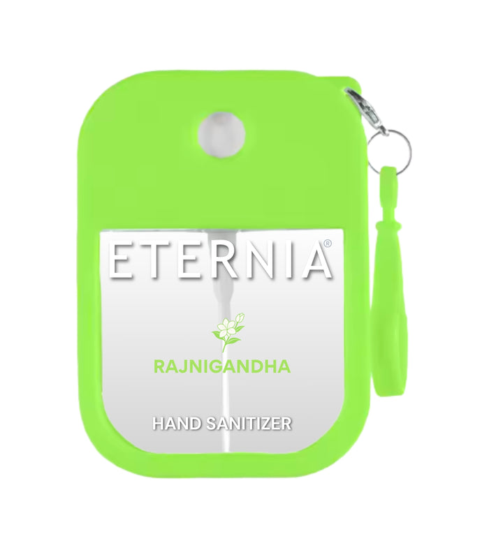 Green keyring hand sanitizer spray pouch with ETERNIA label, travel size clip