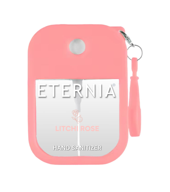 Eternia hand sanitizer spray pouch, pink Litchi Rose with hanging keyring