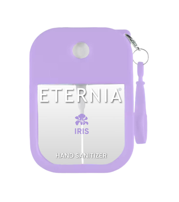 Eternia® hand sanitizer spray in purple keyring holder with Iris label