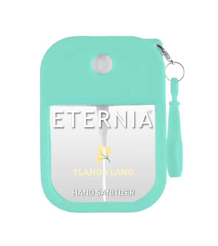Eternia® hand sanitizer spray in teal pouch with Ylang Ylang label