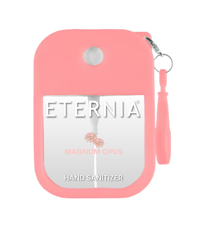 Pink hand sanitizer keyring pouch with ETERNIA label and spray bottle window