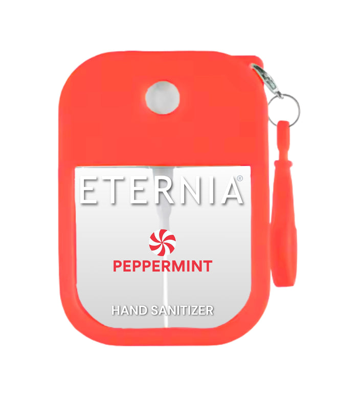 Red ETERNIA PEPPERMINT hand sanitizer with keyring