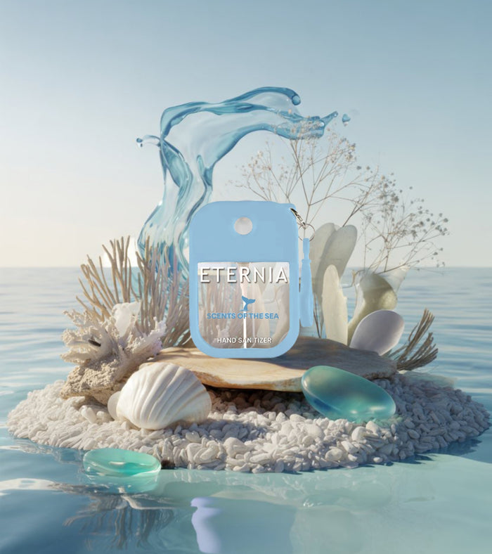 Eternia hand sanitizer spray pouch with keyring, 'Scents of the Sea' blue design