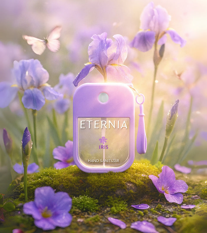 Eternia® hand sanitizer spray in purple keyring holder with Iris label