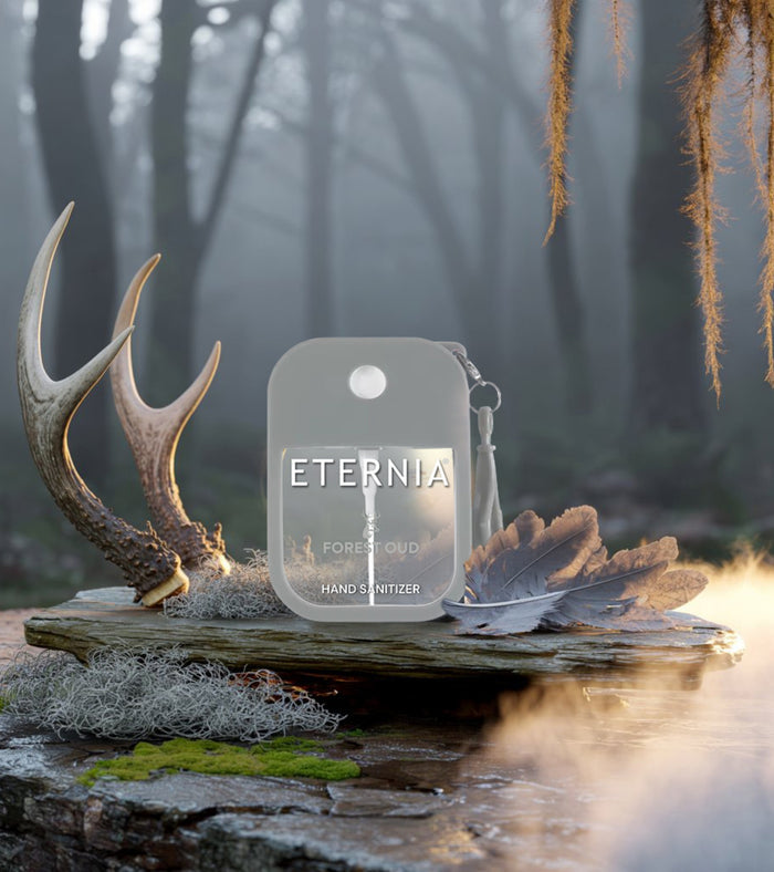 Eternia Forest Oud hand sanitizer spray bottle with keyring, small square bottle