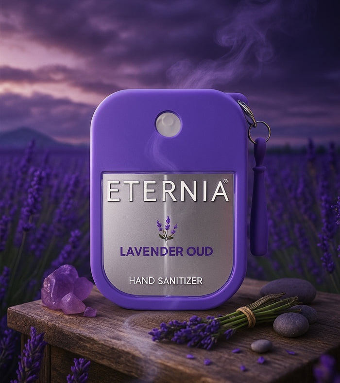 Lavender Oud hand sanitizer pod with keyring, purple, near lavender flowers