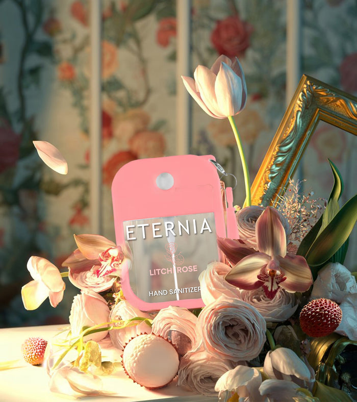 Eternia hand sanitizer pouch with Litchi Rose label, pink and keyring