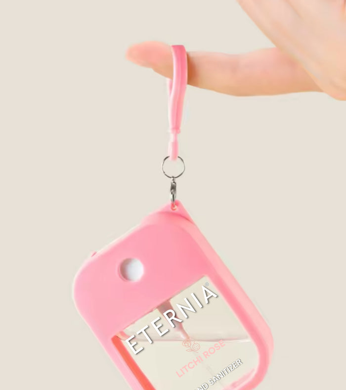 Eternia hand sanitizer pouch, pink Litchi Rose with keyring loop