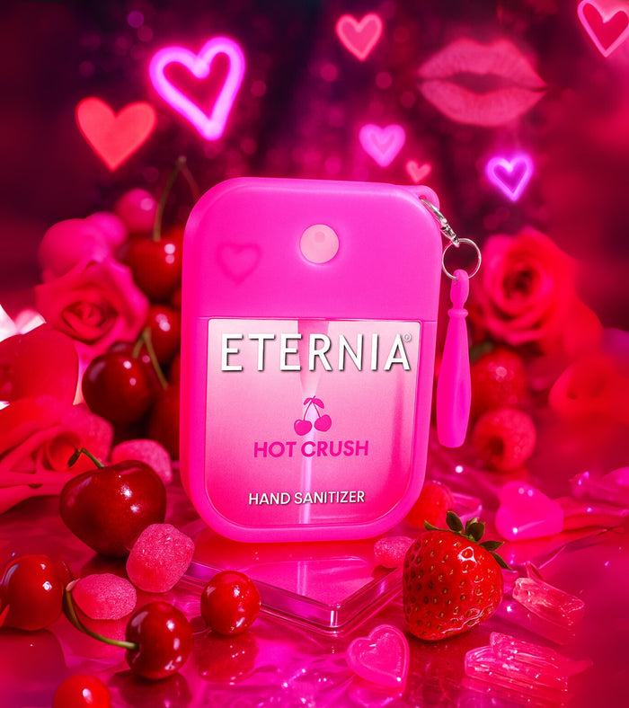 Eternia Hot Crush hand sanitizer spray in pink keyring pouch with heart branding