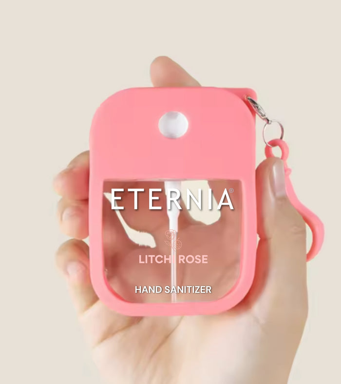 Eternia hand sanitizer pouch, pink Litchi Rose label with spray nozzle