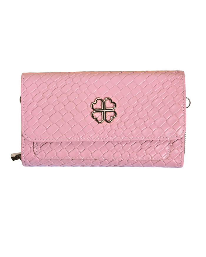 Pink faux leather sling wallet clutch with clover charm, embossed texture and flap closure.