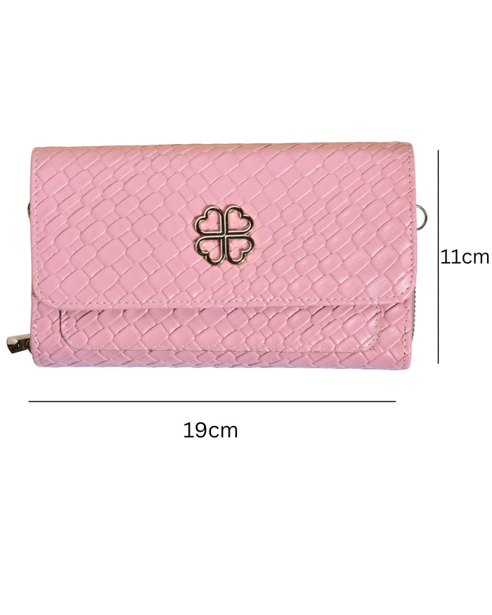 Pink faux leather wallet clutch, clover charm, 19cm x 11cm size on front view.