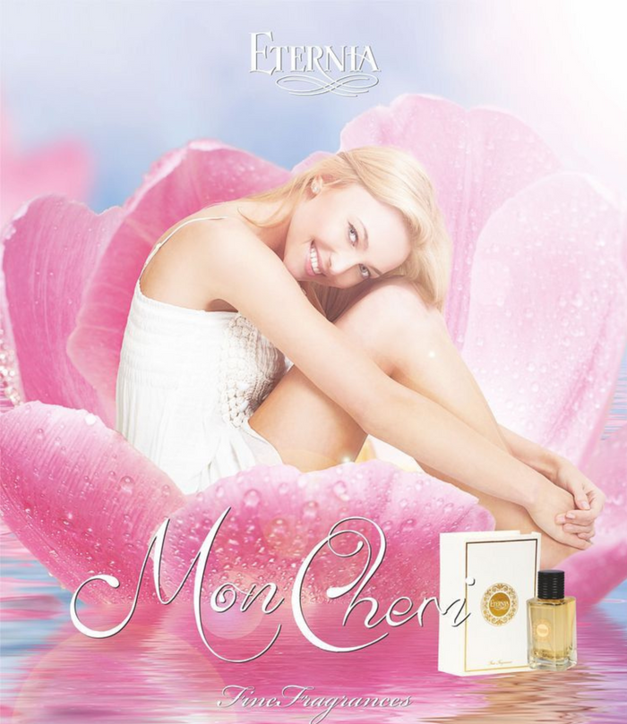 Eternia® Mon Cheri Eau de Parfum bottle and box with gold cap
