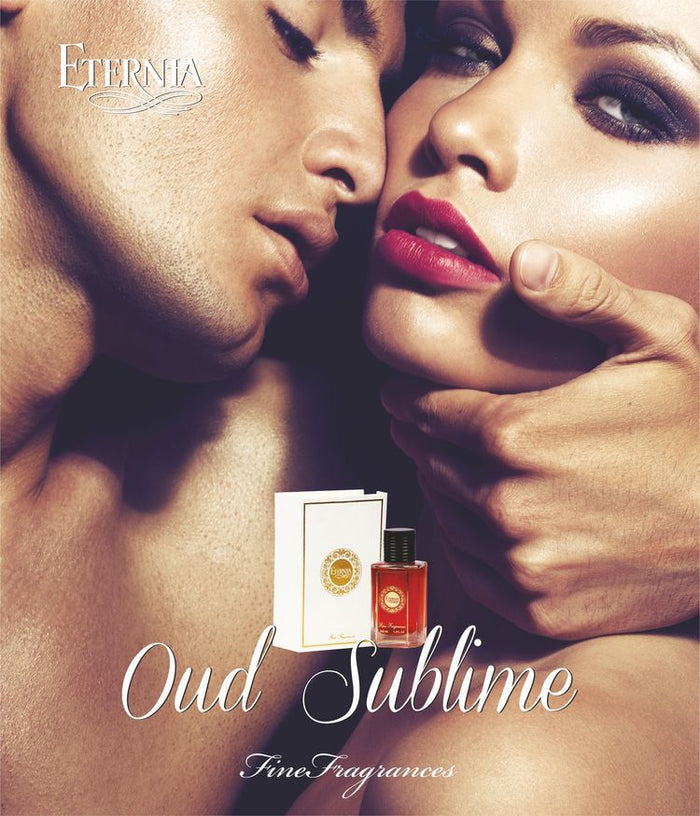 Eau de parfum bottle with gold cap and amber liquid, 100 ml