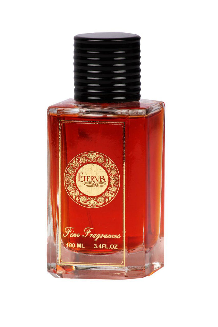 Eternia eau de parfum bottle with red glass and black ribbed cap