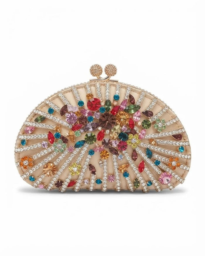Gold-tone crystal clutch with multicolour rhinestone floral rays and round bar clasp, half-moon shape