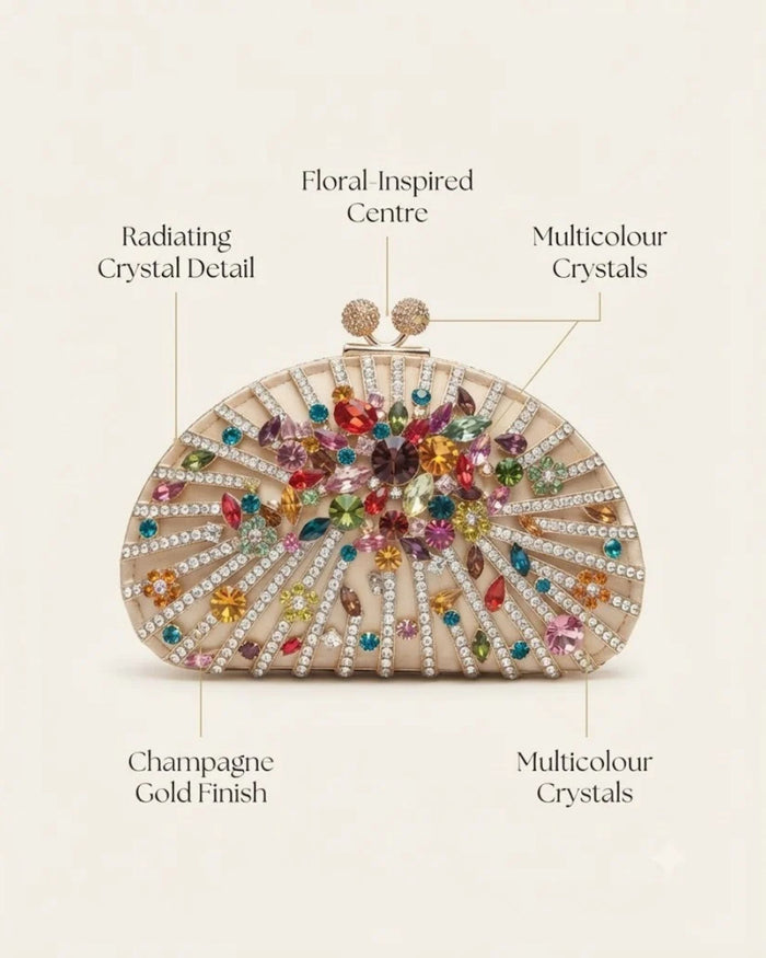 Floral-inspired champagne gold crystal clutch with multicolour rhinestones, half-moon frame shape