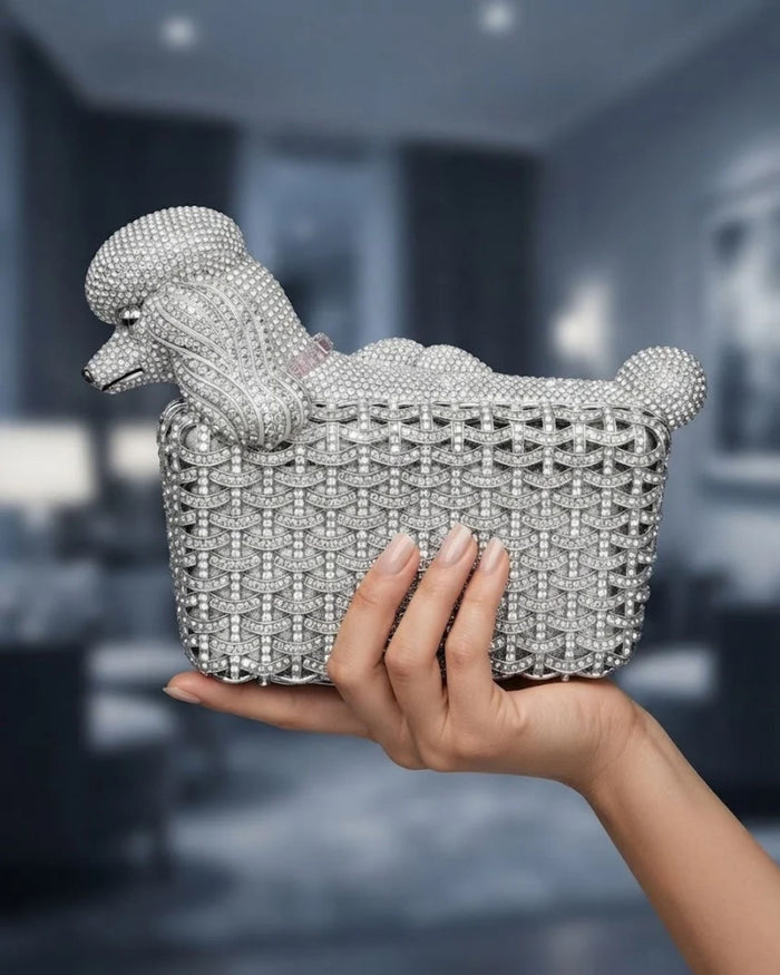 Crystal dog-shaped clutch with rhinestone lattice and top handle, silver tone