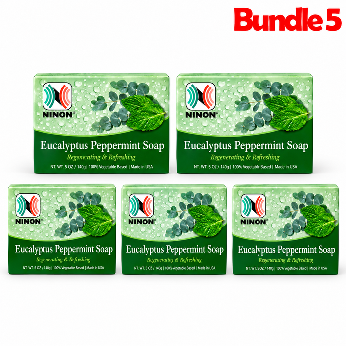 Eucalyptus Peppermint Soap 5 oz in branded packaging, refreshing cleansing bar with eucalyptus and peppermint, formulated to gently cleanse the skin while leaving it feeling cool, fresh, soft, and revitalized