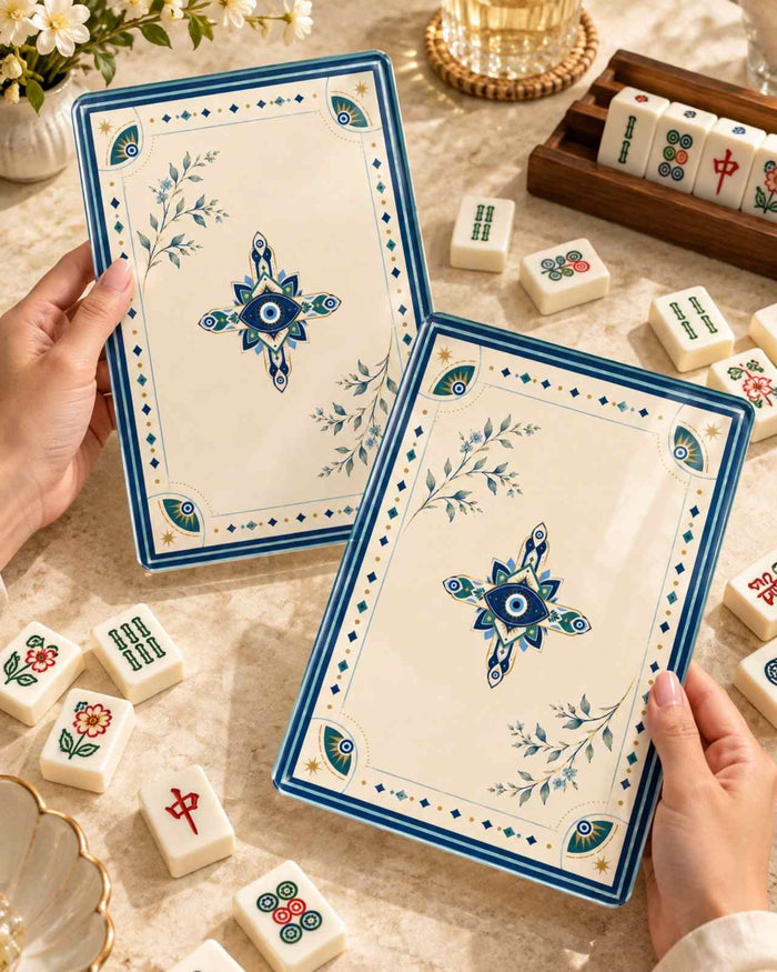 Evil eye mahjong shufflers set of 2, blue-trim playing tiles, floral design